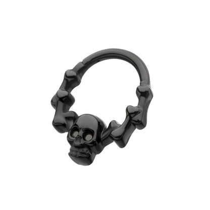 Black PVD Titanium Skull & Bone with Black CZ Gem Eyes Front Facing Hinged Segment Clicker