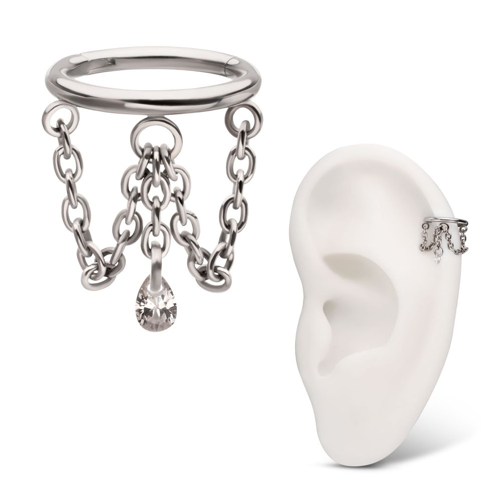 Titanium Triple Chain Dangle with Floating Teardrop Gem Hinged Segment Clicker