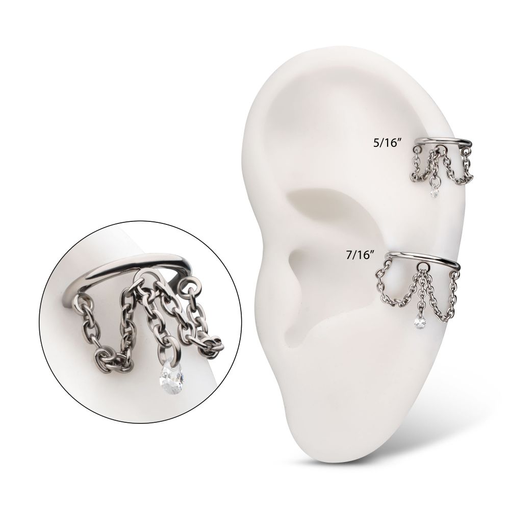 Titanium Triple Chain Dangle with Floating Teardrop Gem Hinged Segment Clicker