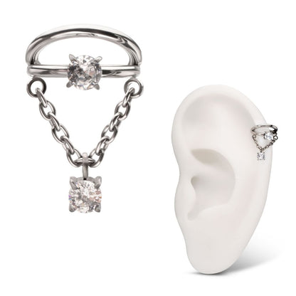 Titanium Prong Set Gem Open Stack Double Hoop with Gem Chain Dangle Hinged Segment Clicker