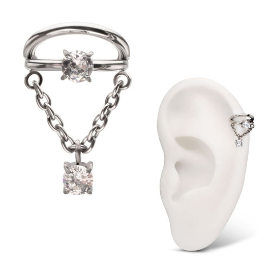 Titanium Prong Set Gem Open Stack Double Hoop with Gem Chain Dangle Hinged Segment Clicker