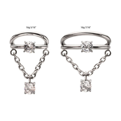 Titanium Prong Set Gem Open Stack Double Hoop with Gem Chain Dangle Hinged Segment Clicker