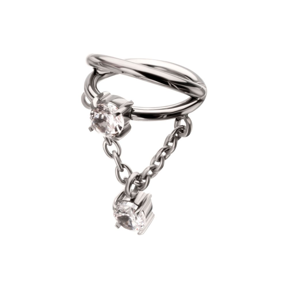 Titanium Prong Set Gem Open Stack Double Hoop with Gem Chain Dangle Hinged Segment Clicker