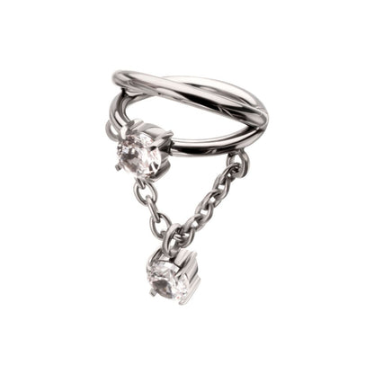 Titanium Prong Set Gem Open Stack Double Hoop with Gem Chain Dangle Hinged Segment Clicker