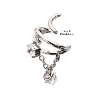 Titanium Prong Set Gem Open Stack Double Hoop with Gem Chain Dangle Hinged Segment Clicker