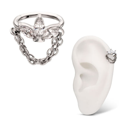 Titanium Triple Marquise Gem Cluster Hoop with 2-Tier Chain Dangle Hinged Segment Clicker