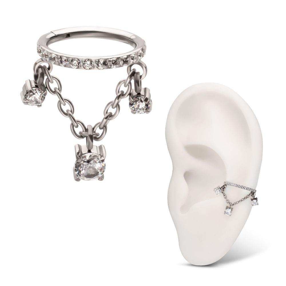 Titanium Pave Gem Hoop with Three Prong Set Gem Chain Dangle Hinged Segment Clicker