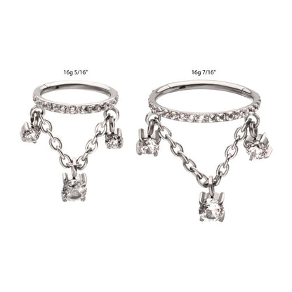 Titanium Pave Gem Hoop with Three Prong Set Gem Chain Dangle Hinged Segment Clicker
