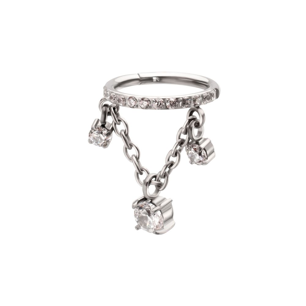 Titanium Pave Gem Hoop with Three Prong Set Gem Chain Dangle Hinged Segment Clicker
