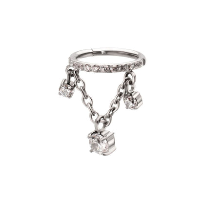 Titanium Pave Gem Hoop with Three Prong Set Gem Chain Dangle Hinged Segment Clicker