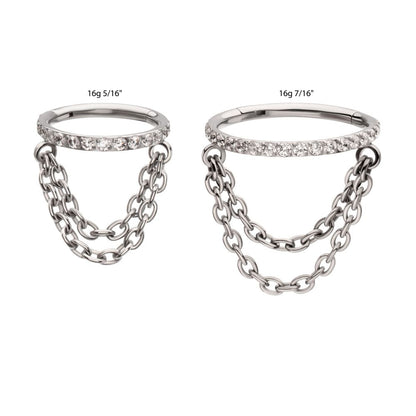 Titanium Pave Gem Hoop with 2-Tier Chain Dangle Hinged Segment Clicker