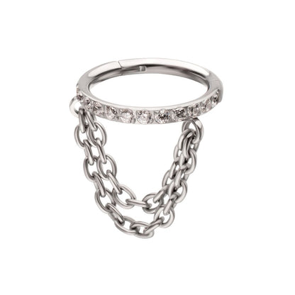 Titanium Pave Gem Hoop with 2-Tier Chain Dangle Hinged Segment Clicker
