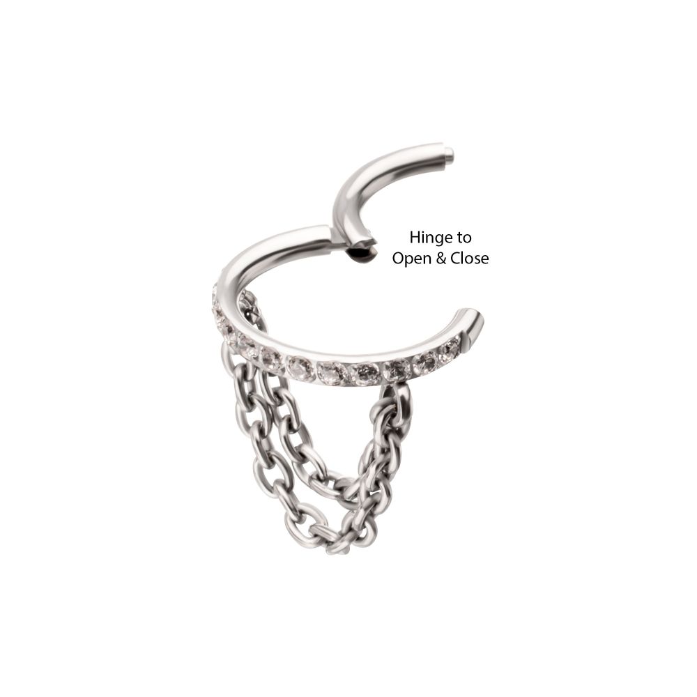 Titanium Pave Gem Hoop with 2-Tier Chain Dangle Hinged Segment Clicker