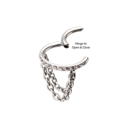 Titanium Pave Gem Hoop with 2-Tier Chain Dangle Hinged Segment Clicker