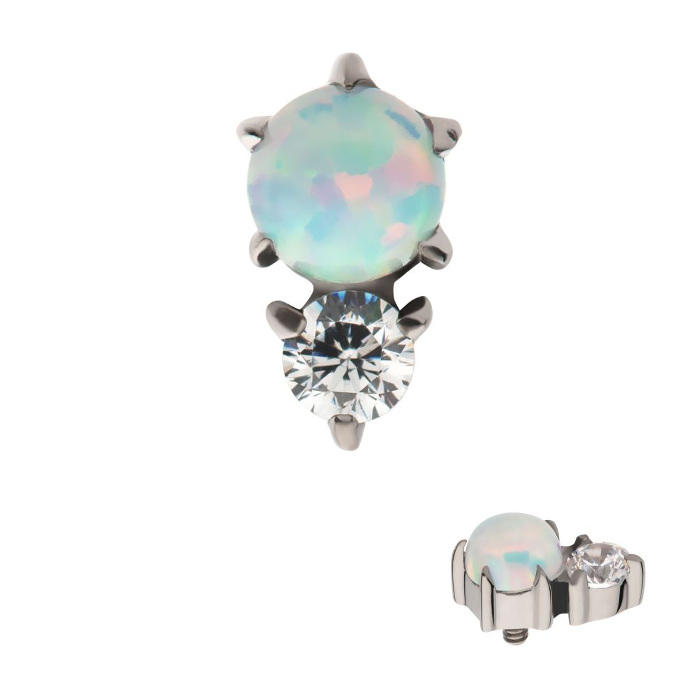Titanium Internally Threaded with Prong Set Round White Opal & Clear CZ Top