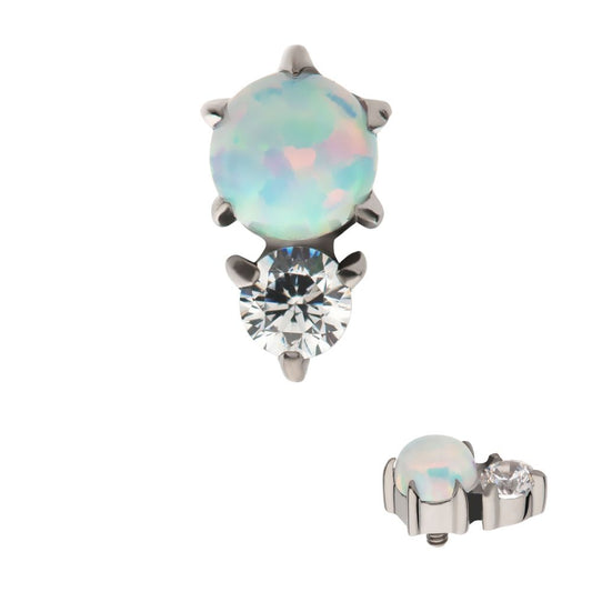 Titanium Internally Threaded with Prong Set Round White Opal & Clear CZ Top