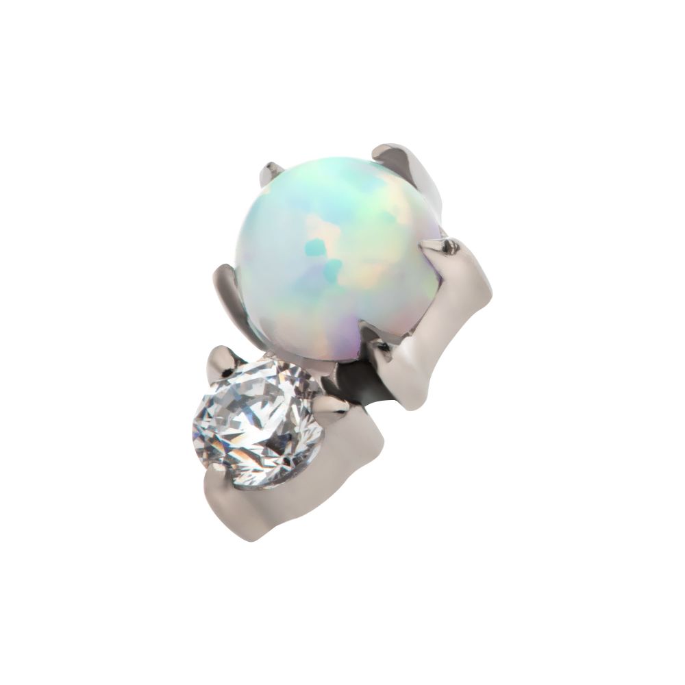 Titanium Internally Threaded with Prong Set Round White Opal & Clear CZ Top