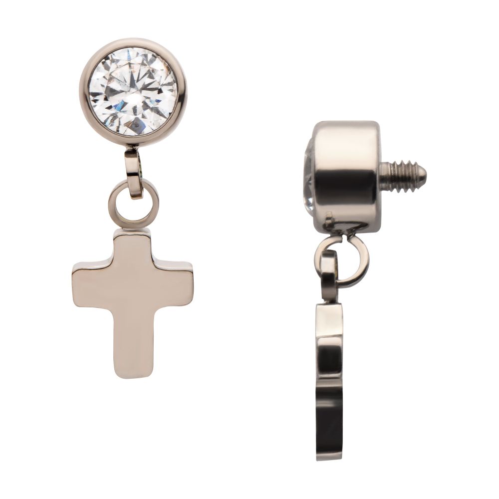 Titanium Internally Threaded Bezel Set CZ with Dangling Cross Top
