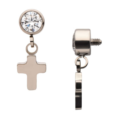 Titanium Internally Threaded Bezel Set CZ with Dangling Cross Top