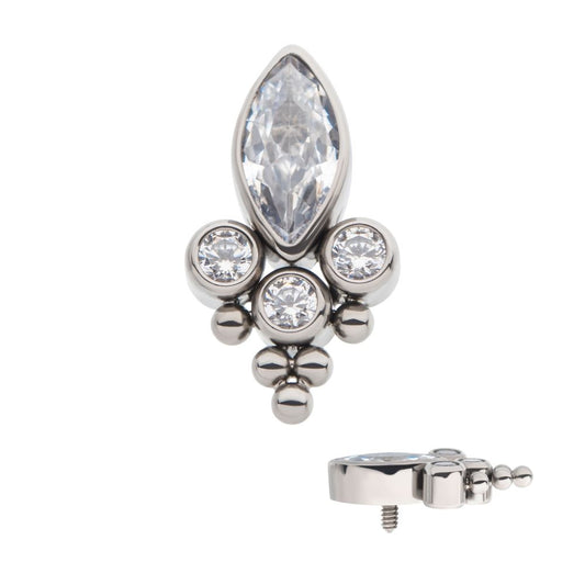 Titanium Internally Threaded with Clustered Beads, Bezel Set Marquise & Round CZ Top