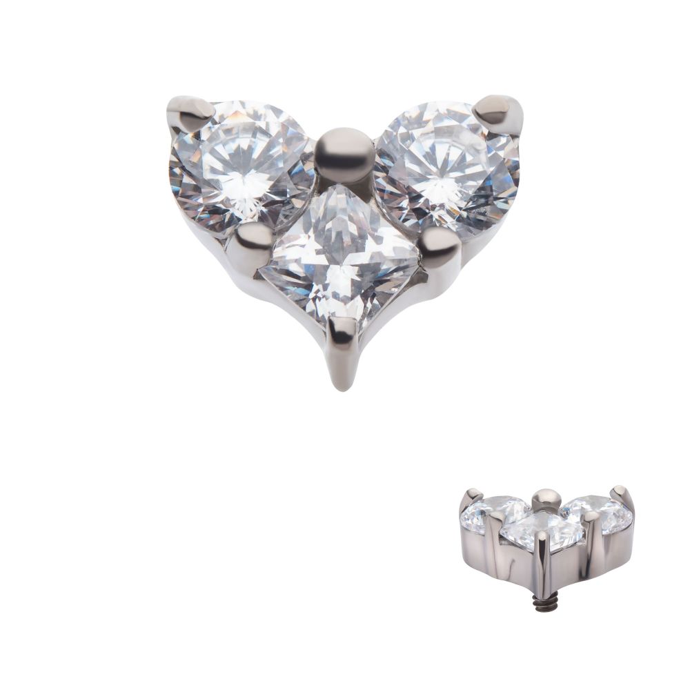 Titanium Internally Threaded with Prong Set Round & Princess Gem 3-Cluster Heart Shape Top
