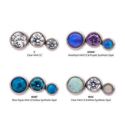 Titanium Internally Threaded Bezel Set CZ/Opal Staggered 3-Cluster Top