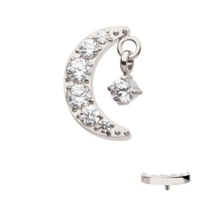 Titanium Internally Threaded Crescent Moon CZ Top with Dangle Pronged Round CZ