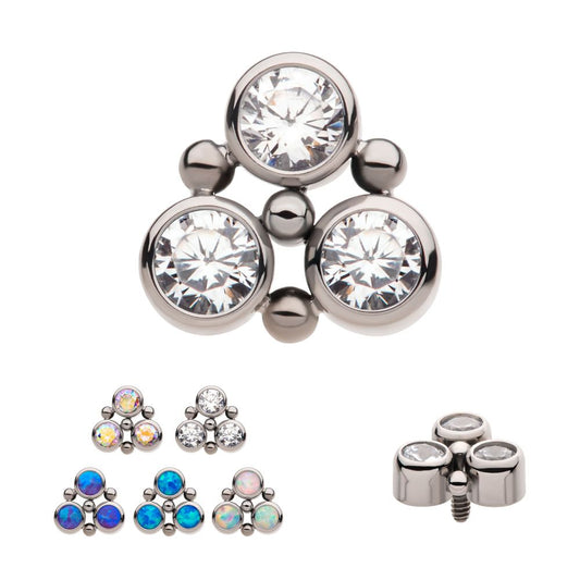 Titanium Internally Threaded 4-Bead Bezel Round CZ/Opal 3-Cluster Top