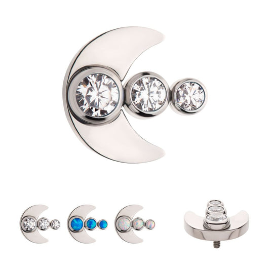 Titanium Internally Threaded 3-Cluster Bezel Set Gem/Opal Crescent Moon Top