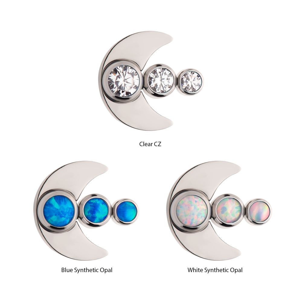 Titanium Internally Threaded 3-Cluster Bezel Set Gem/Opal Crescent Moon Top
