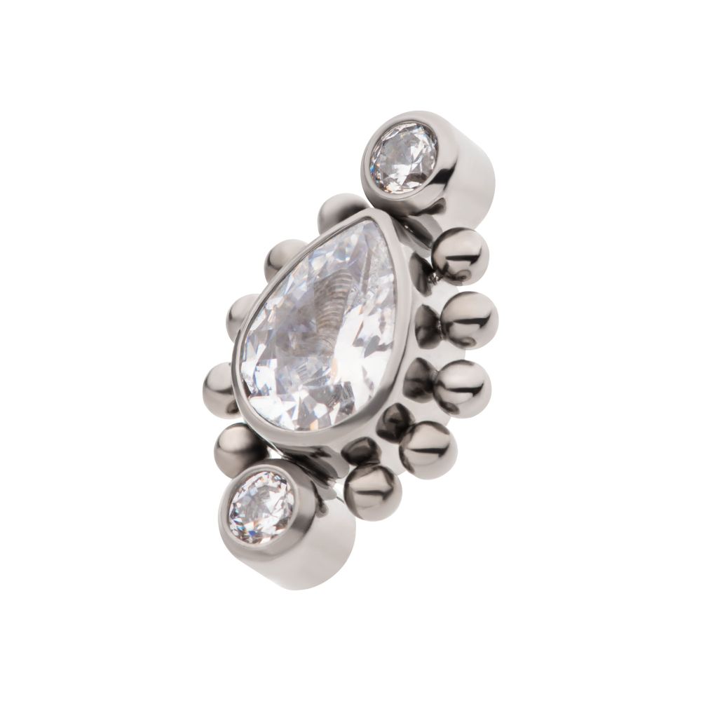 Titanium Internally Threaded with Bezel Set Round CZ & Beads Around Teardrop CZ Top