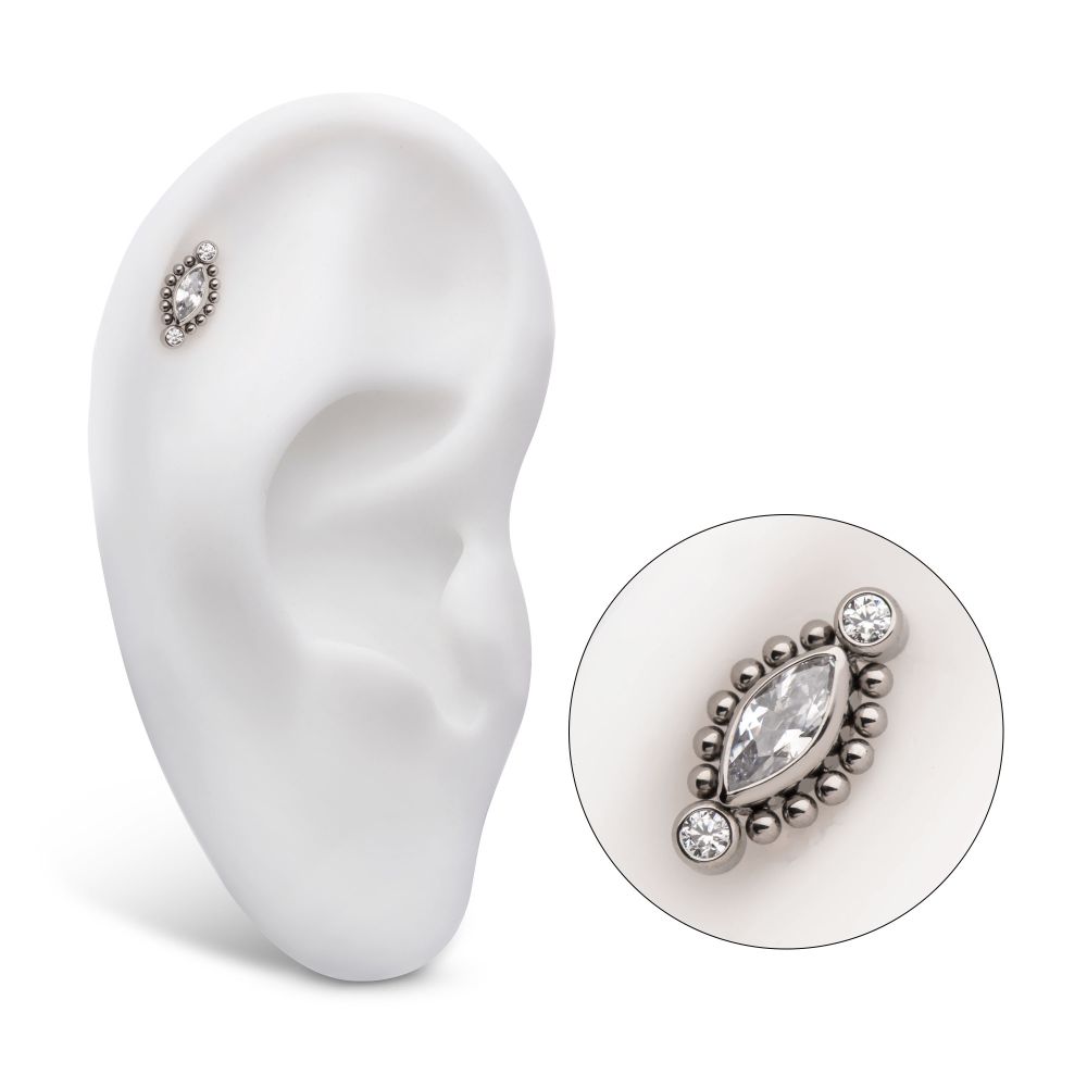 Titanium Internally Threaded with Bezel Set Round CZ & Beads Around Marquise CZ Top