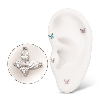 Titanium Internally Threaded Small Butterfly with Prong Set Round & Marquise Gem Top