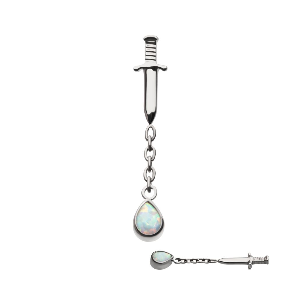 Titanium Internally Threaded Dagger Top with Bezel Set Teardrop Opal Chain Dangle