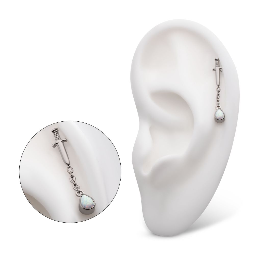 Titanium Internally Threaded Dagger Top with Bezel Set Teardrop Opal Chain Dangle