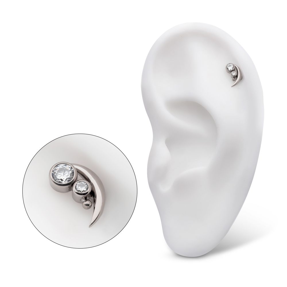 Titanium Internally Threaded with Bezel Set CZ & Bead Crescent Moon Top