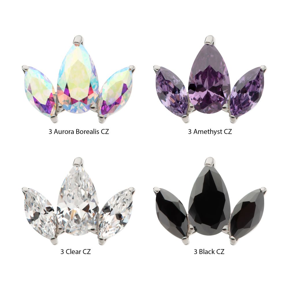 Titanium Internally Threaded 3 Cluster Top with Prong Set Teardrop & Marquise CZ