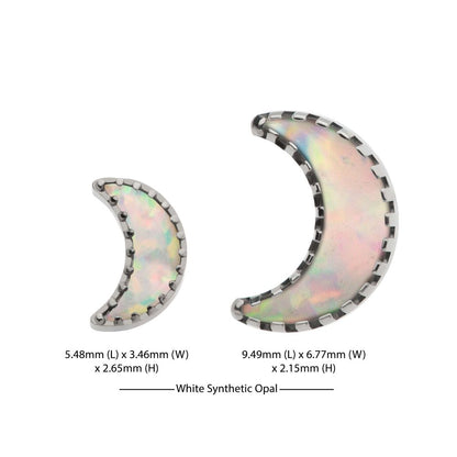 Titanium Internally Threaded Crescent Moon Top with Prong Set White Opal 