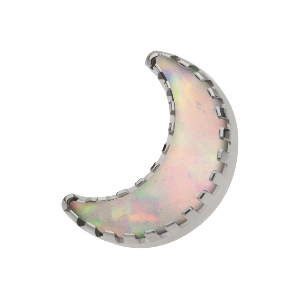Titanium Internally Threaded Crescent Moon Top with Prong Set White Opal