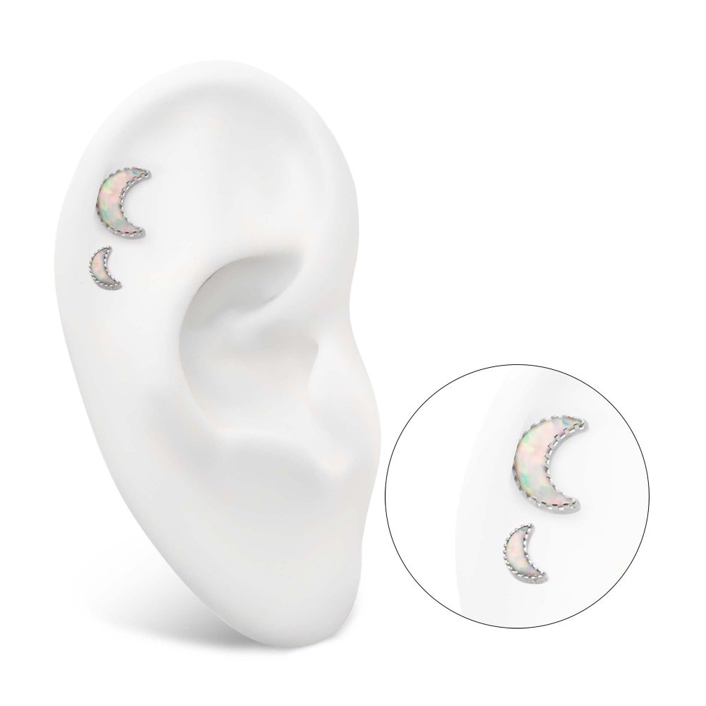 Titanium Internally Threaded Crescent Moon Top with Prong Set White Opal