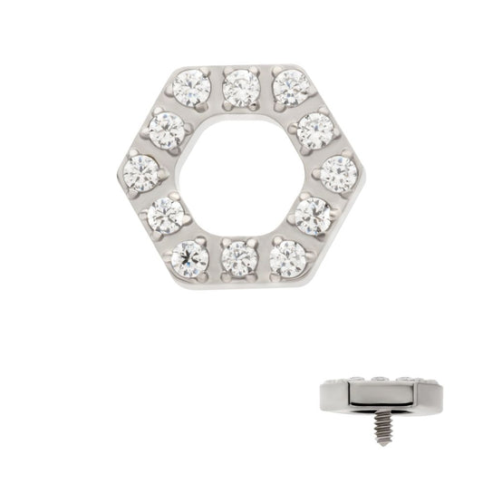 Titanium Internally Threaded Pave Set Round CZ Gem Hexagon Top