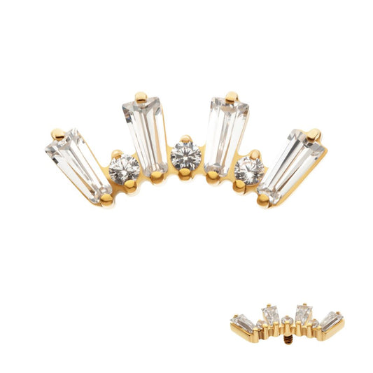 24Kt Gold PVD Titanium Internally Threaded Prong Set Baguette & Round CZ 7-Cluster Top