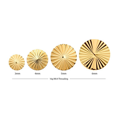 24kt Gold PVD Titanium Internally Threaded Radiant Corrugated Round Top