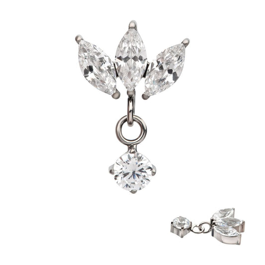 Titanium Internally Threaded 3 Cluster Marquise CZ Top with Dangle 4-Prong Round CZ