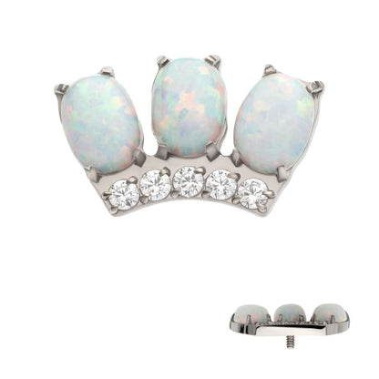 Titanium Internally Threaded 4-Prong 3 Oval White Opal with 5 Round Clear CZ Cluster Top