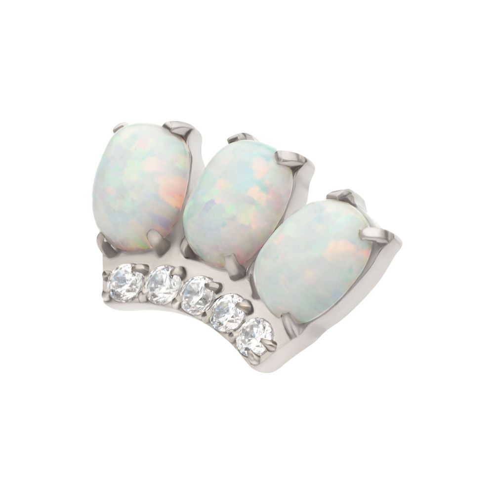 Titanium Internally Threaded 4-Prong 3 Oval White Opal with 5 Round Clear CZ Cluster Top
