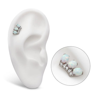 Titanium Internally Threaded 4-Prong 3 Oval White Opal with 5 Round Clear CZ Cluster Top