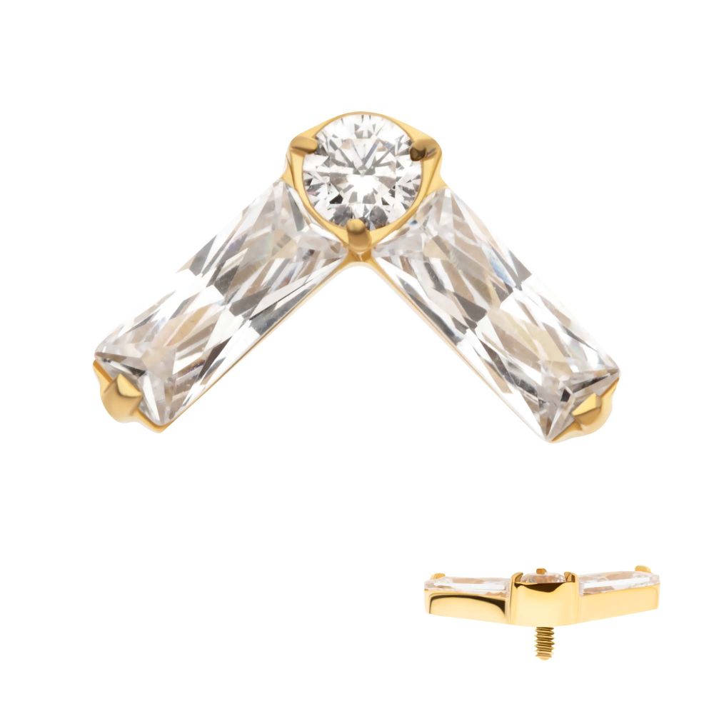 24Kt Gold PVD Titanium Internally Threaded Prong Set Baguette & Round CZ Chevron Shape Top