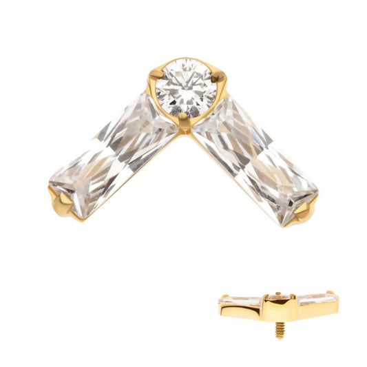 24Kt Gold PVD Titanium Internally Threaded Prong Set Baguette & Round CZ Chevron Shape Top