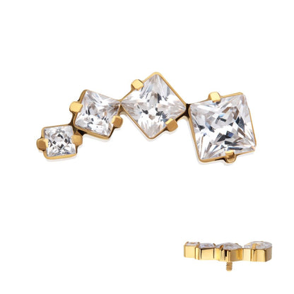 24Kt Gold PVD Titanium Internally Threaded Prong Set Princess Cut Gem Staggered 4-Cluster Top